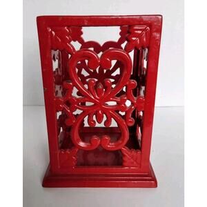Vtg Y2K Cherry Red Enamel Cast Iron Counter Utensil Holder Retro Kitchen Decor